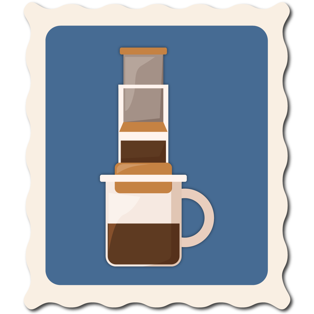 stylized graphic stamp of an Aeropress.