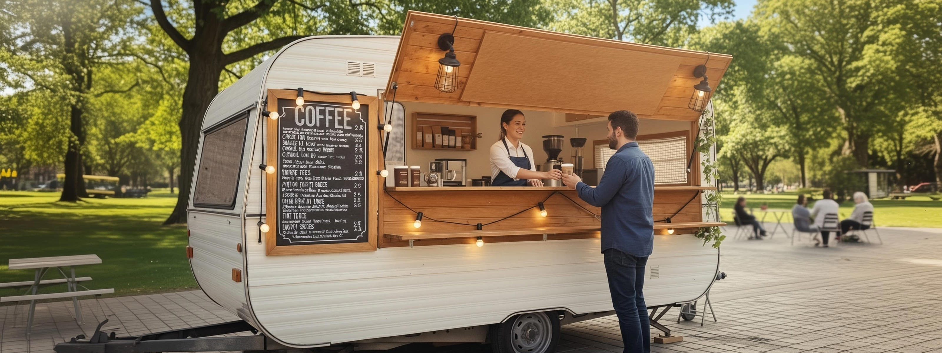 Coffee trailer in a park with people interacting