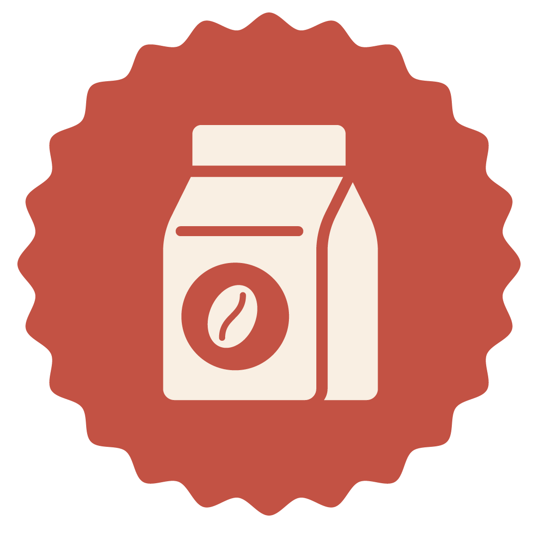 graphic of a coffee bag embedded in a scalloped circle.