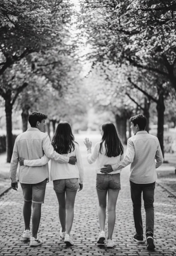 Four people walking together on a tree-lined path