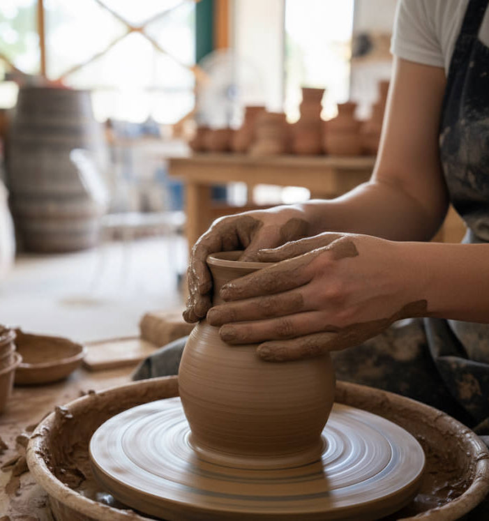 Woman using two hands to throw pottery on a wheel.