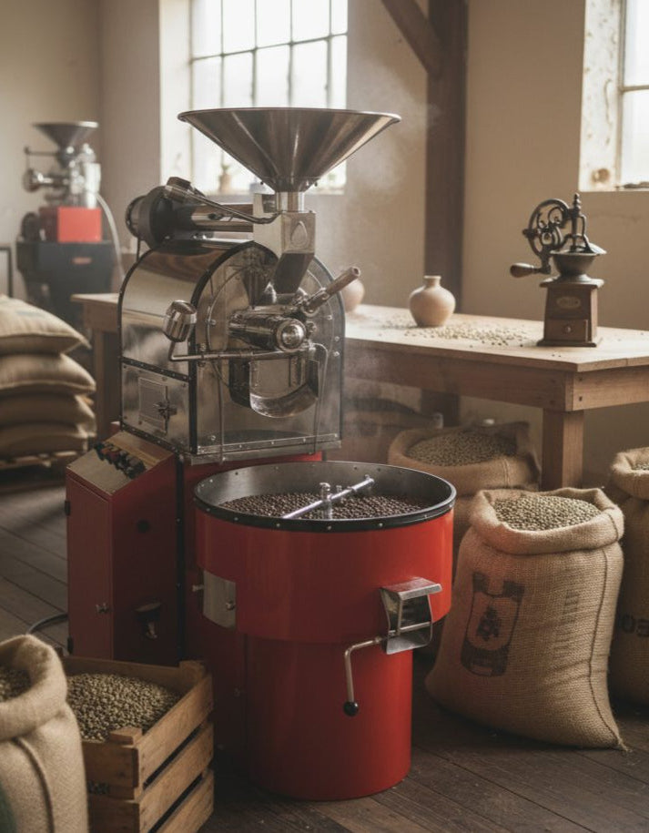 Coffee roasting machine with beans cooling, steam rising.