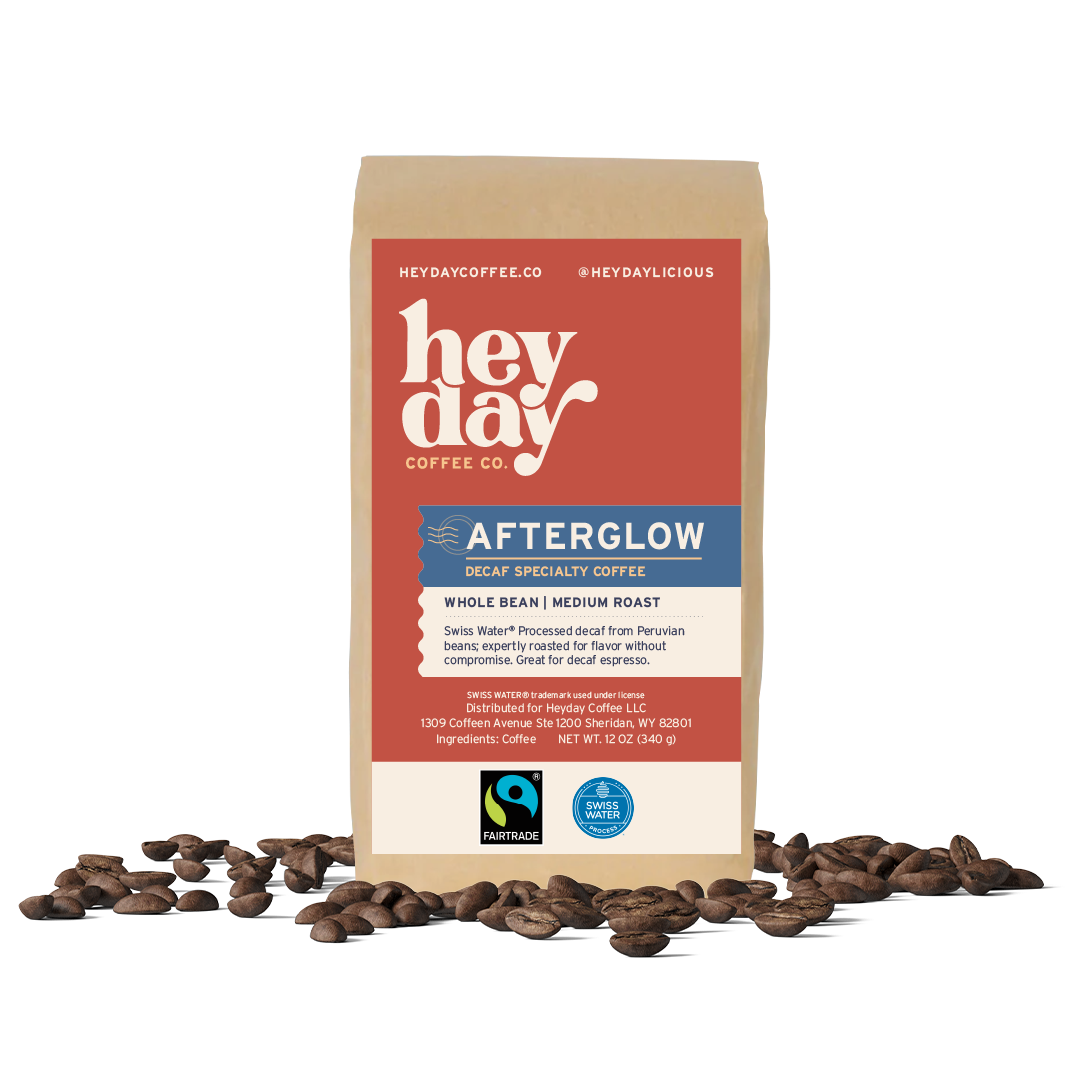 Afterglow Decaf - Bag on Bed of Beans - Heyday Coffee Co.