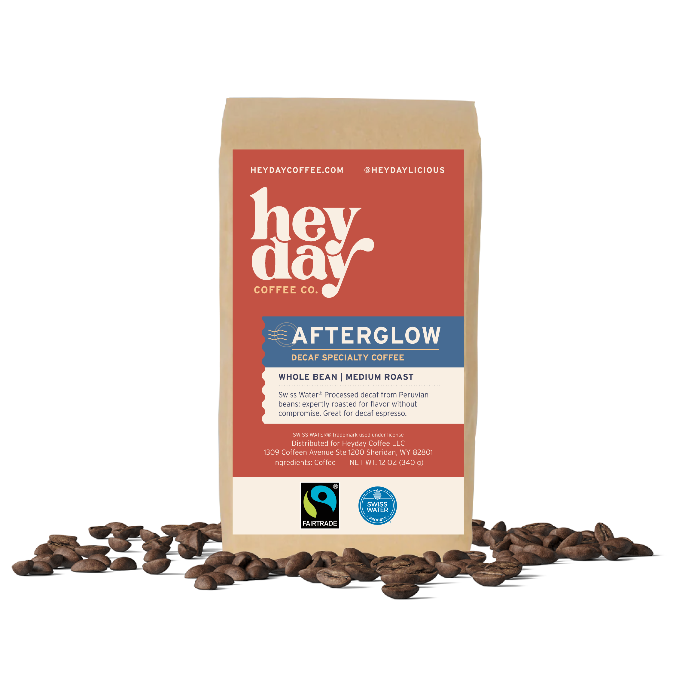 Afterglow Decaf - Bag on Bed of Beans - Heyday Coffee Co.