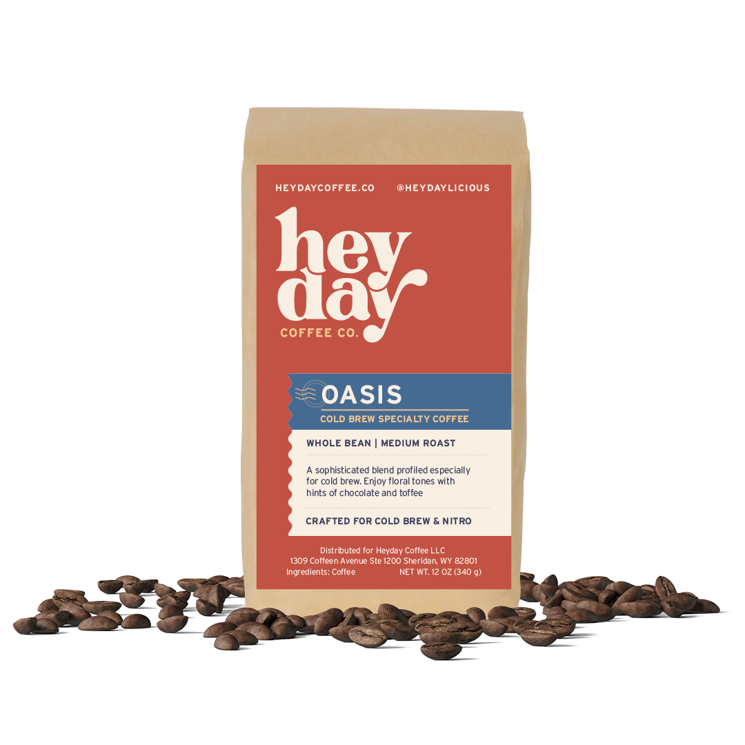 Oasis Cold Brew - Bag on Bed of Beans - Heyday Coffee Co.