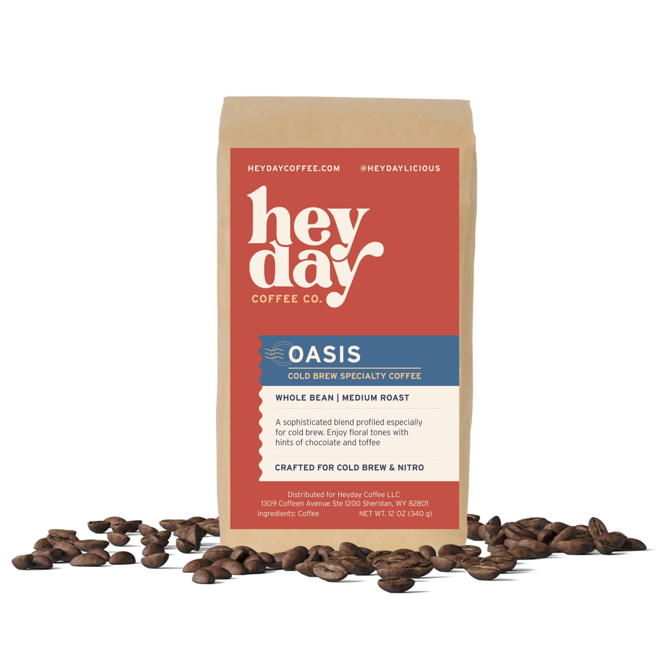 Oasis Cold Brew - Bag on Bed of Beans - Heyday Coffee Co.