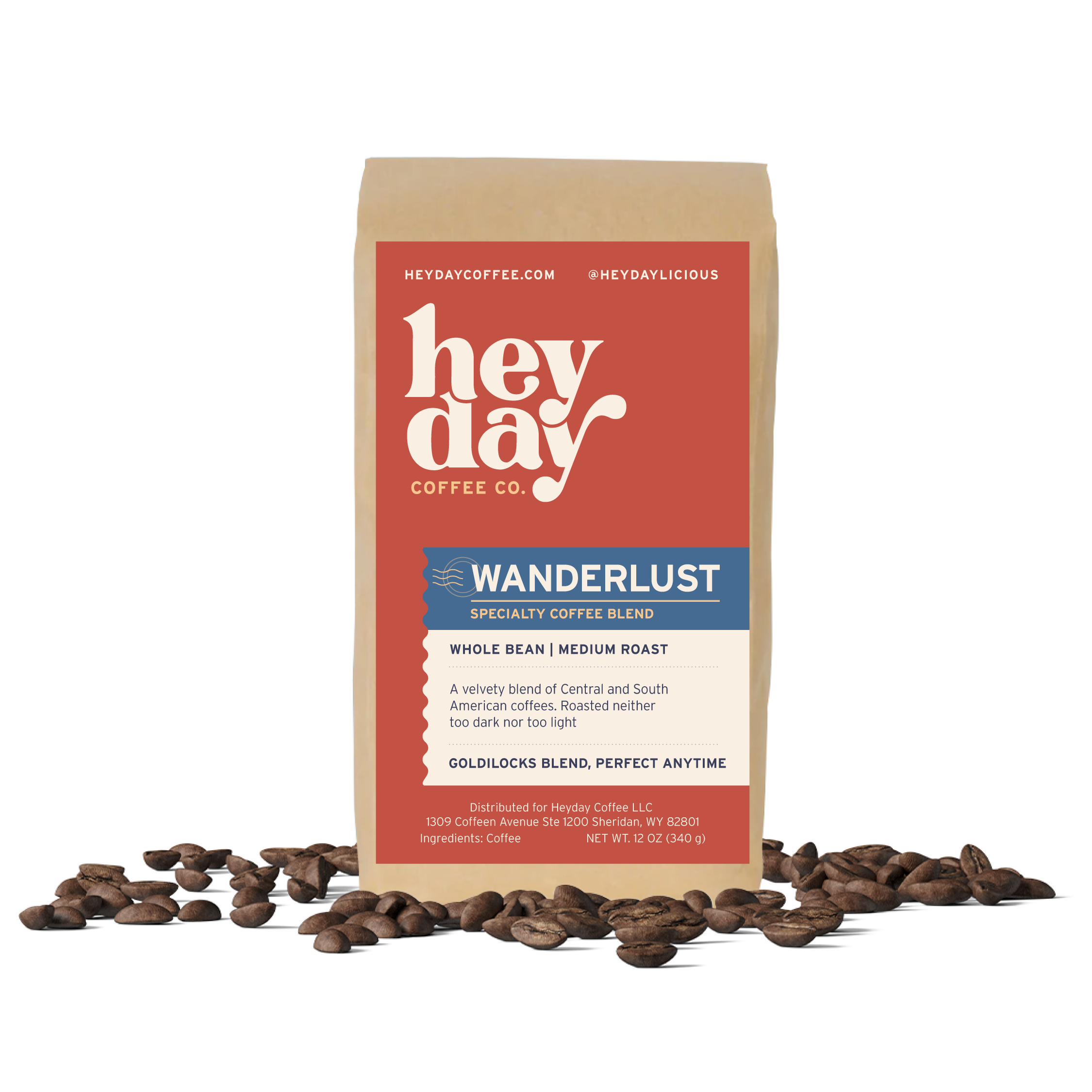 Wanderlust Blend - Bag on Bed of Beans - Heyday Coffee Co.