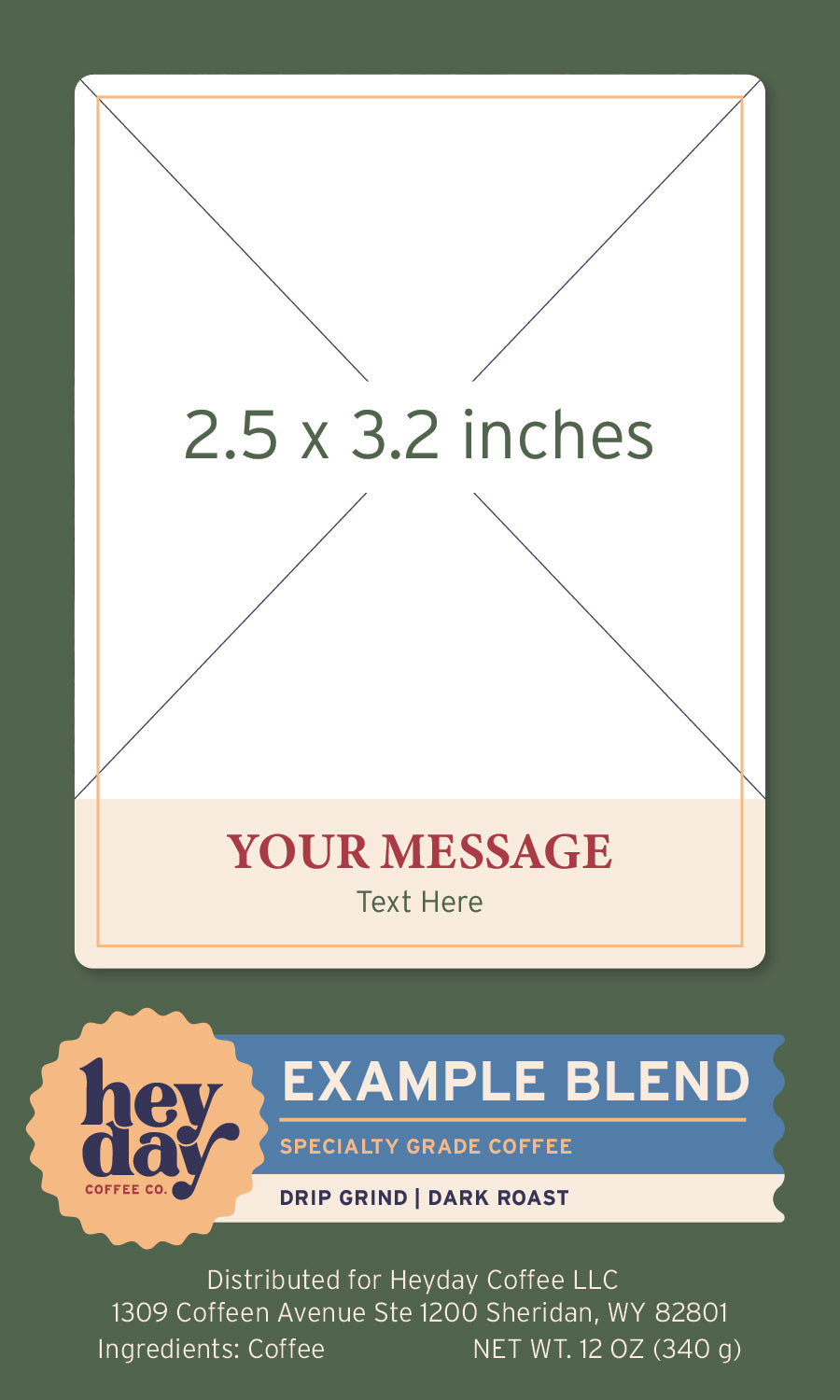 Customizable coffee package label with dimensions and placeholder text on a green background