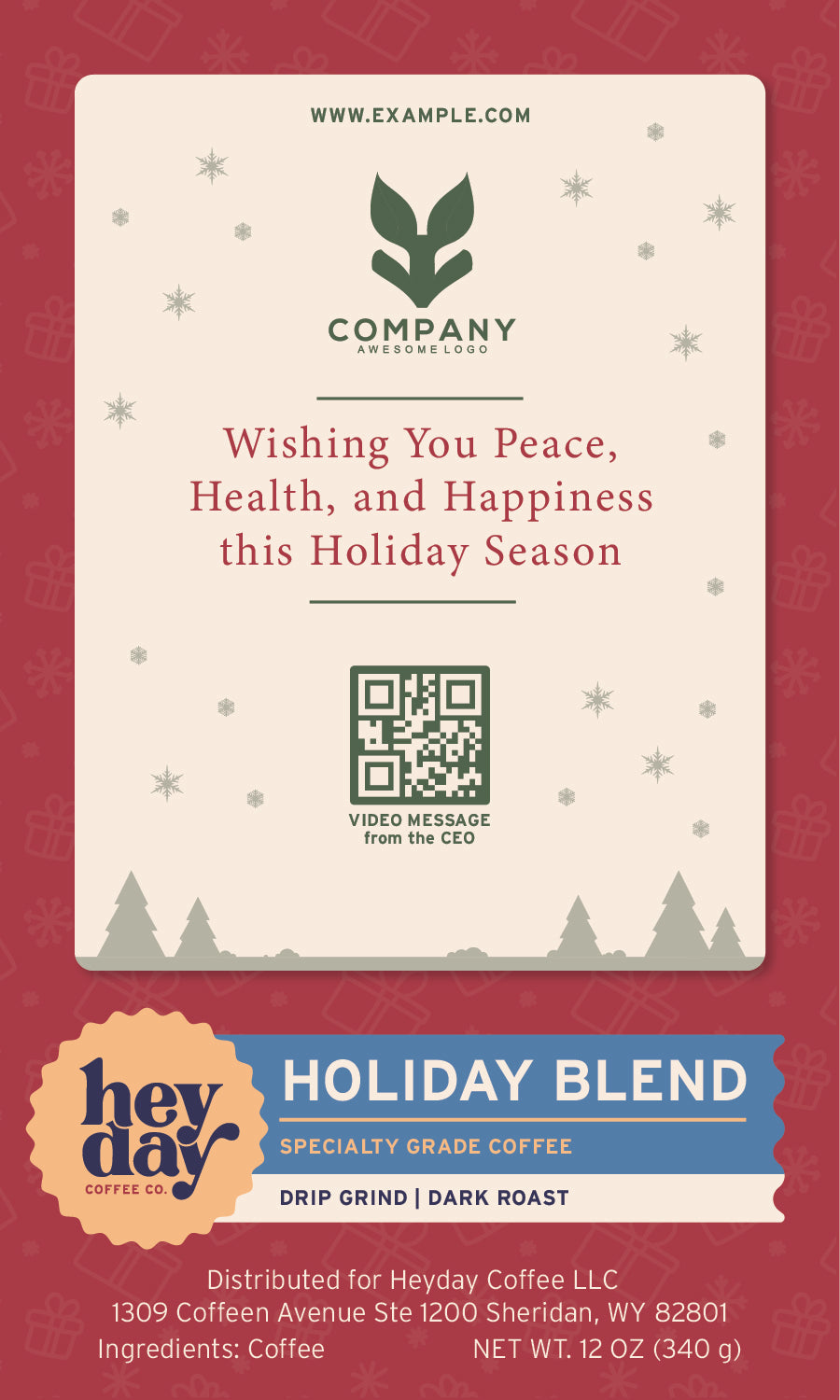 Heyday Coffee holiday blend packaging with a QR code and festive design.