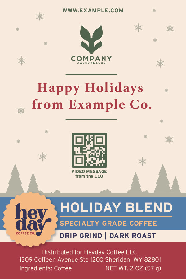 Holiday coffee blend packaging with branding and contact information.