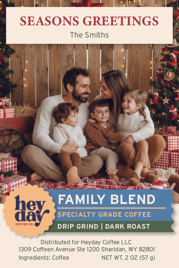 Family sitting together in a festive setting with Christmas decorations, featuring Heyday Coffee Co. branding.