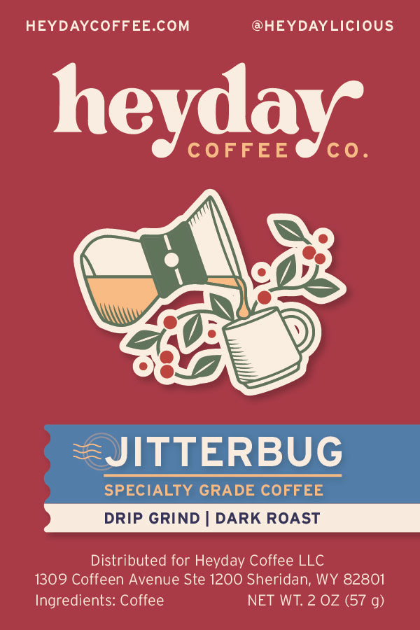 Heyday Coffee Co. Jitterbug coffee package on a red background