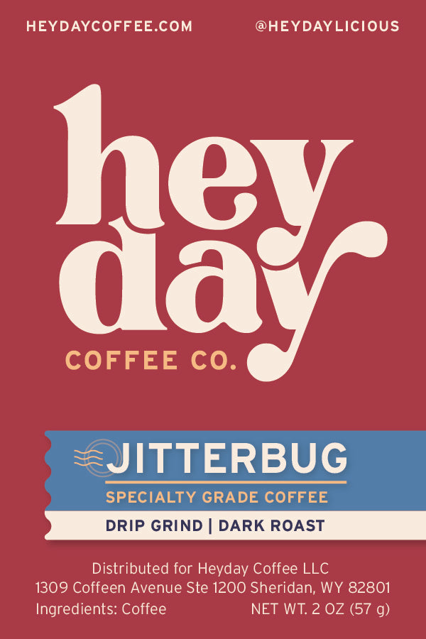 Heyday Coffee Co. Jitterbug coffee package on a red background