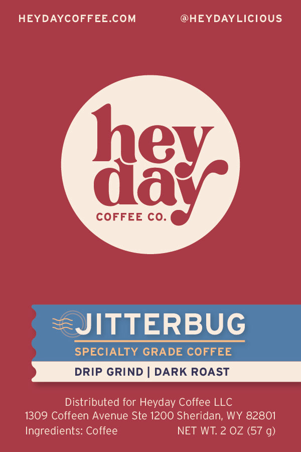 Heyday Coffee Co. Jitterbug coffee package on a red background