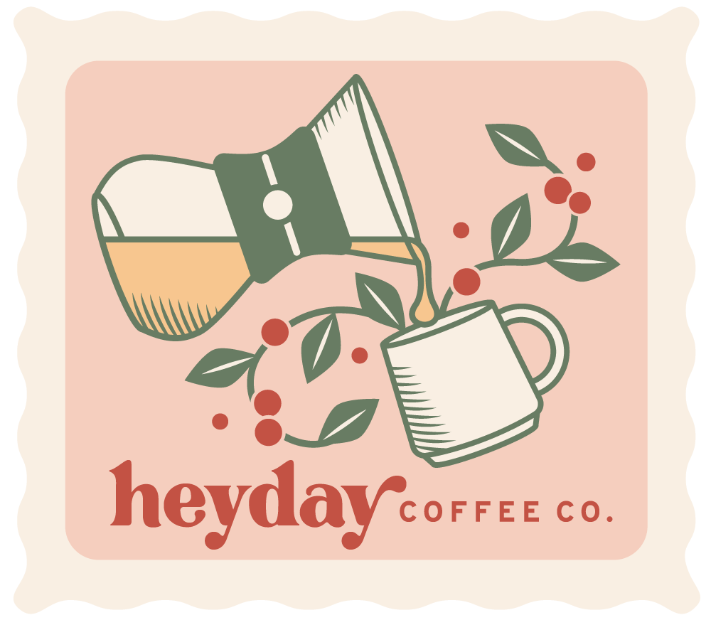 stylized stamp of the Heyday along with a Chemex and mug.