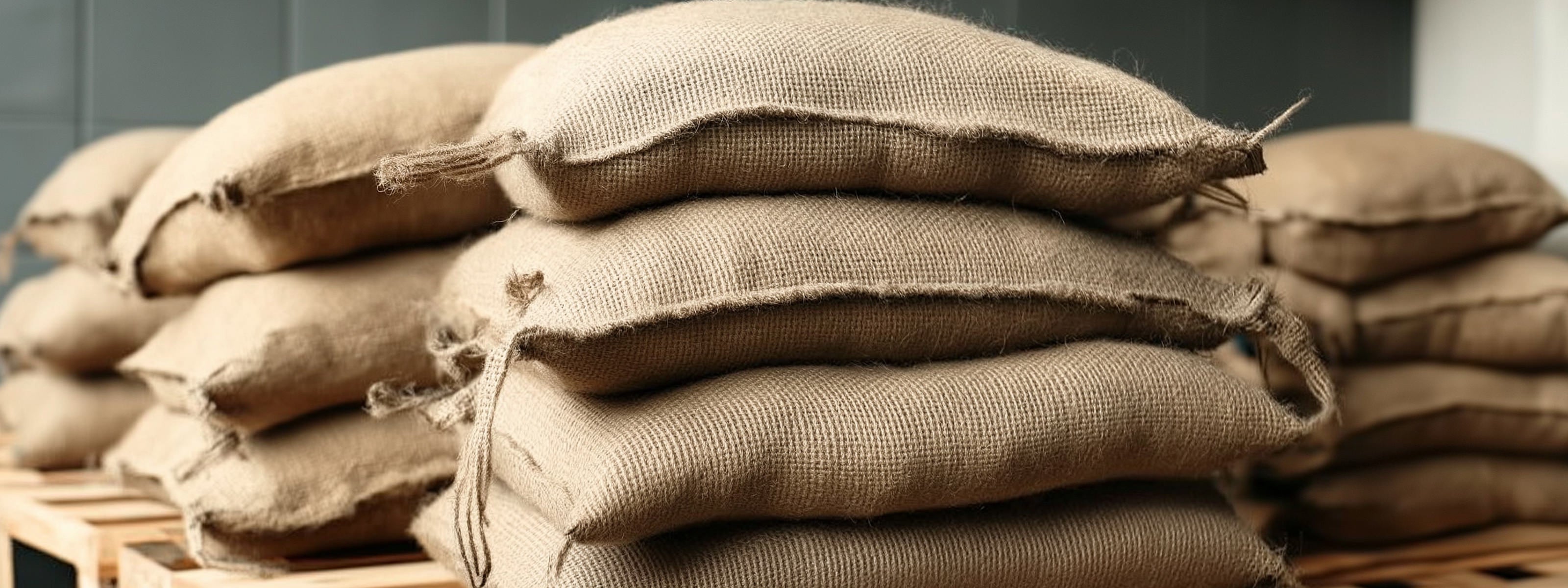 Stack of brown burlap sacks on a wooden pallet.