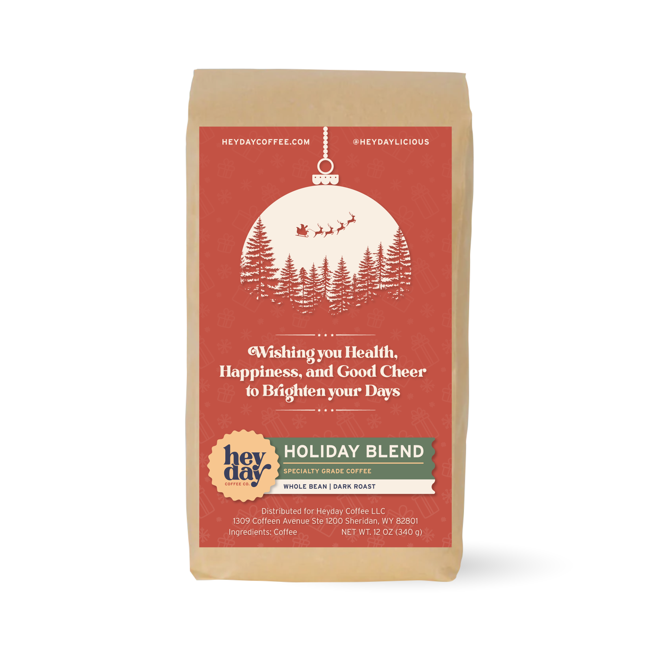Heyday Coffee Holiday Blend package with Christmas design
